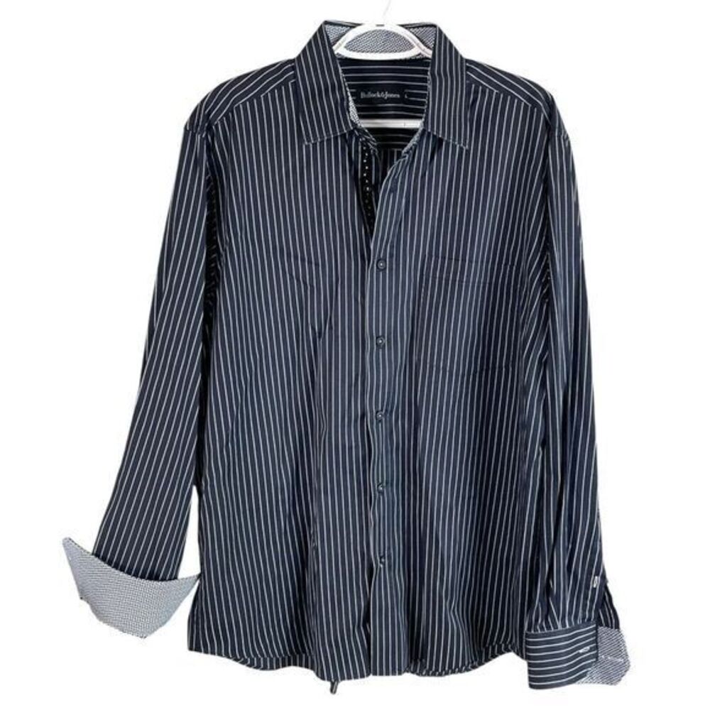 Bullock & Jones Mens Button Up Shirt Large Black Striped‎ Flip Cuff Trim Cotton